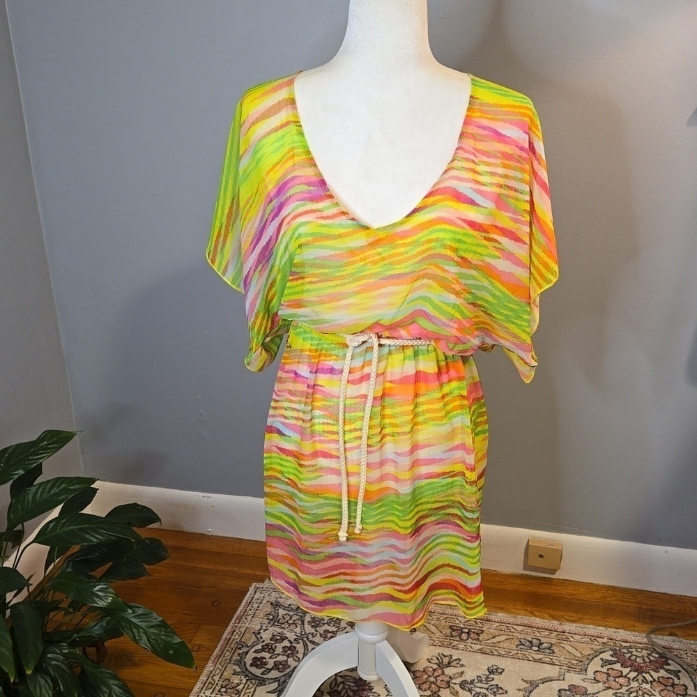 BECCA Multi Colored Light and Airy Elastic Waist V-Neck Cover-Up Sz XS-S
